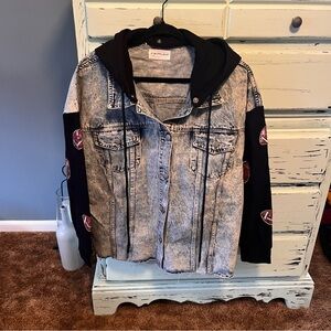 First Love Women’s Acid Wash Denim Hooded. Jacket with football sleeves. Size 1X